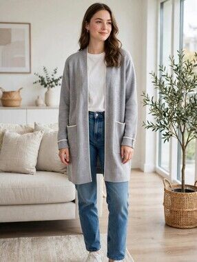 Zara Knit Grey Open-Front Cardigan with Cream Trim | Size M